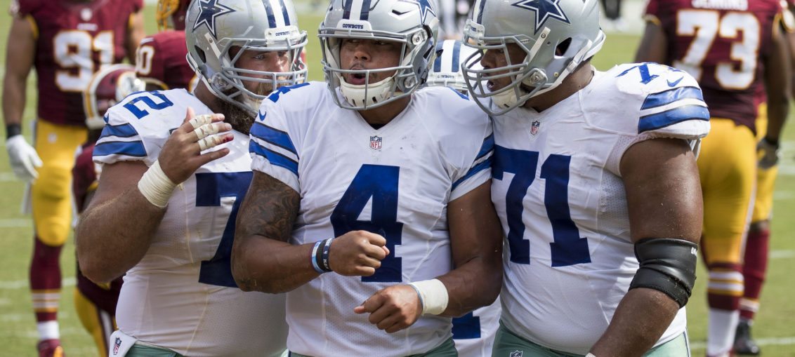 Dallas Cowboys rookie quarterback Dak Prescott celebrating after touchdown against Washington Redskins in Week 2 of NFL