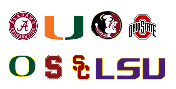 Alabama University of Miami, Florida State, Ohio State, Oregon, Stanford, USC, LSU