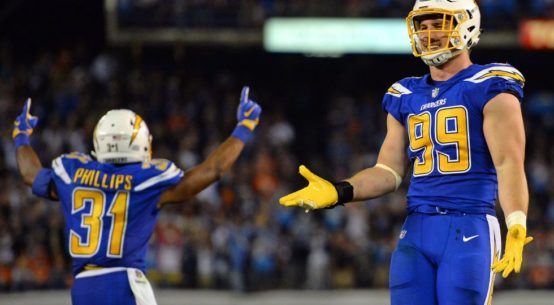San Diego Chargers defensive end Joey Bosa after a safety is called in fourth quarter against Denver Broncos