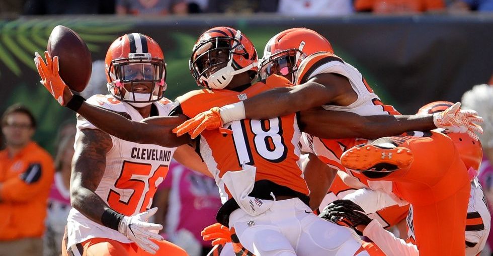 Cincinnati Bengals wide receiver A.J. Green brings down a hail mary pass for a touchdown vs the Cleveland Browns