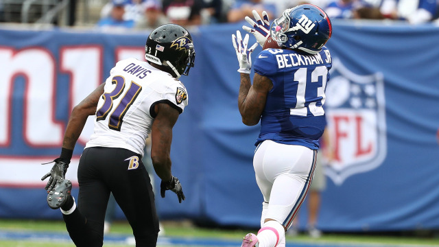 New York Giants wide receiver Odell Beckham Jr. catches a long touchdown pass before kicking net proposal