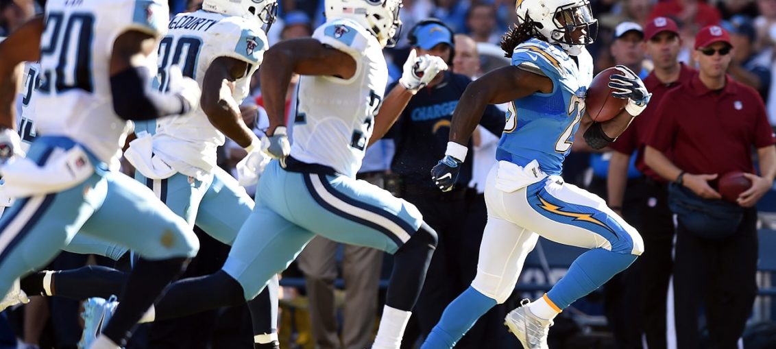 San Diego Chargers running back Melvin Gordon running for touchdown vs Tennessee Titans