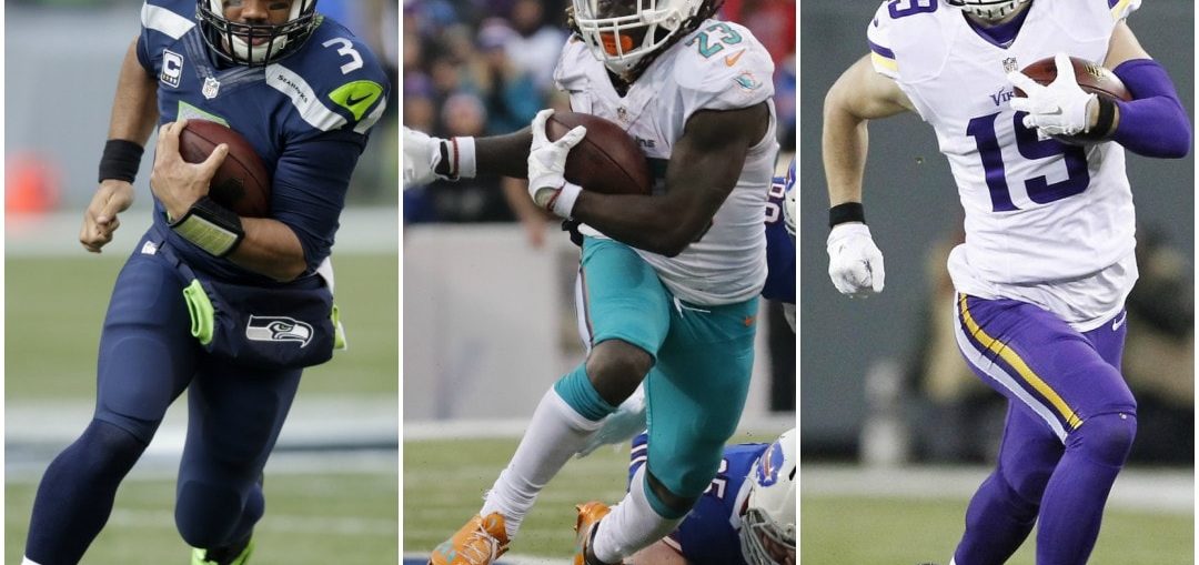 Seattle Seahawks quarterback Russell Wilson, Miami Dolphins running back Jay Ajayi, Minnesota Vikings wide receiver Adam Thielen in Week 16