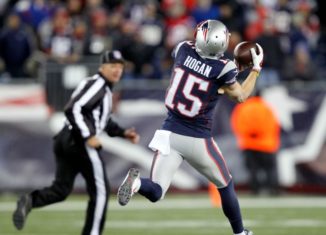 New England Patriots wide receiver Chris Hogan catches the game-winning touchdown in a Week 14 game against the Baltimore Ravens